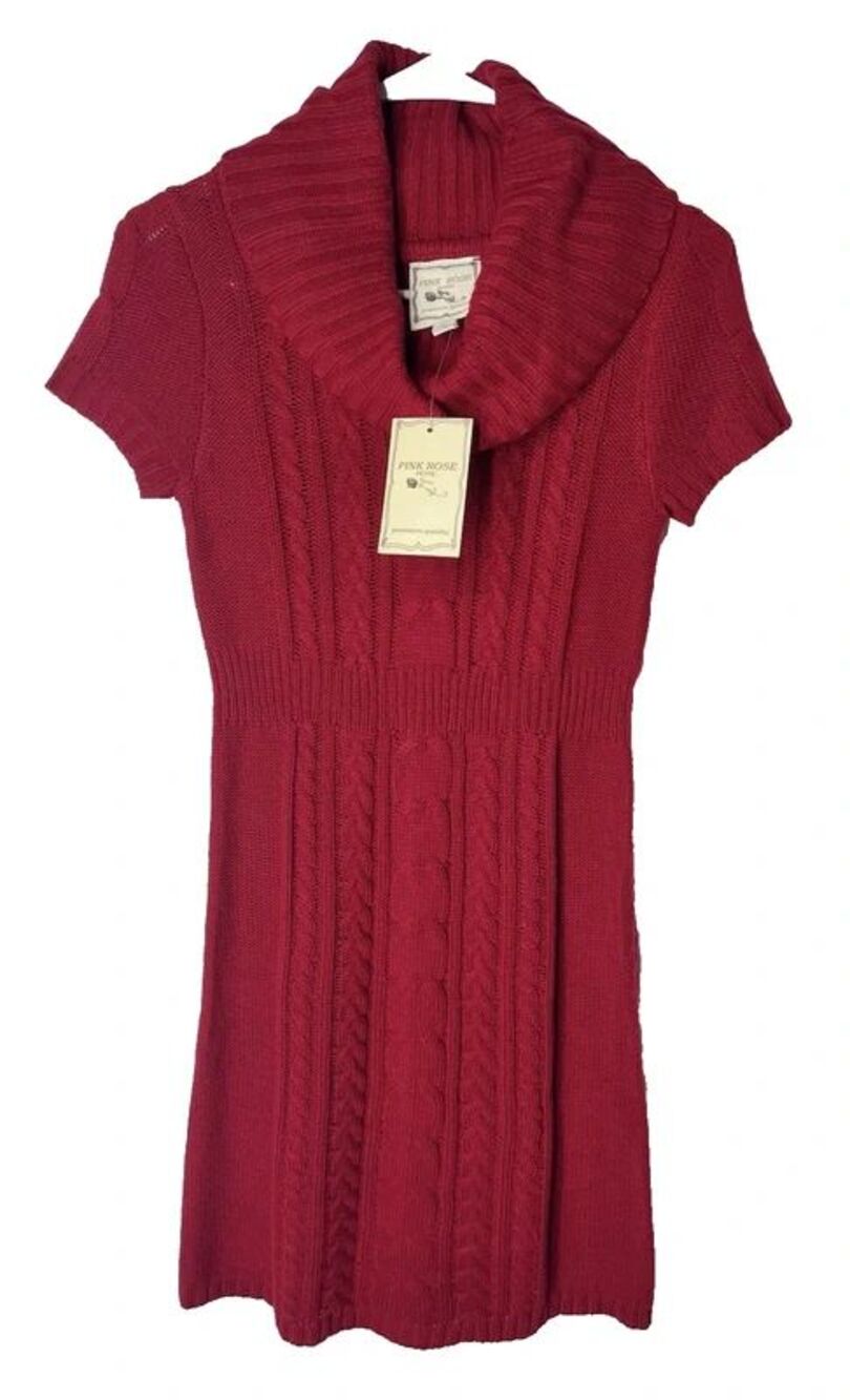 Pink Rose S/S Cable Knit Acrylic Sweater Dress Red Women’s Petite Small NWT